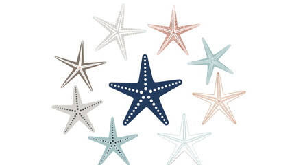 Obraz premium Collection of assorted starfishes in various colors and textures arranged in a circular formation on a plain white background.