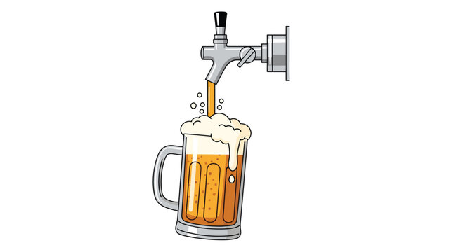 Single glass beer mug being filled to the top with golden lager from a metal tap resulting in thick white foam and bubbles.