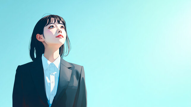 スーツを着て青空を見上げる若い女性のイラスト（生成AI ）	