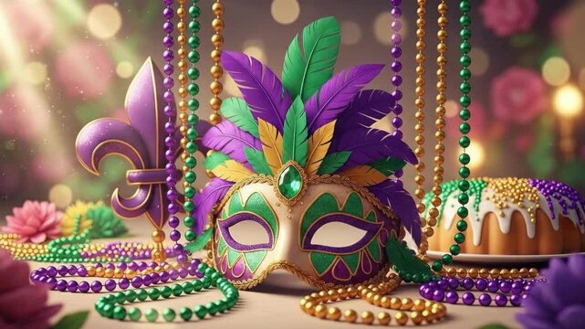 Elegant Mardi Gras mask with feathers and beads. Celebration of Carnival with king cake. Festive cultural tradition concept.