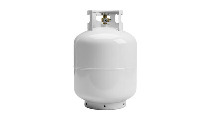 White gas cylinder standing upright with a brass valve on top, cut out, stock png, isolated on transparent background