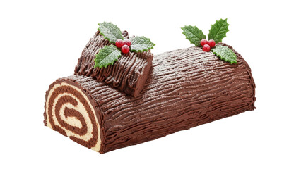 Traditional Yule log cake chocolate dessert with holly leaves and red berries, cut out, stock png, isolated on transparent background