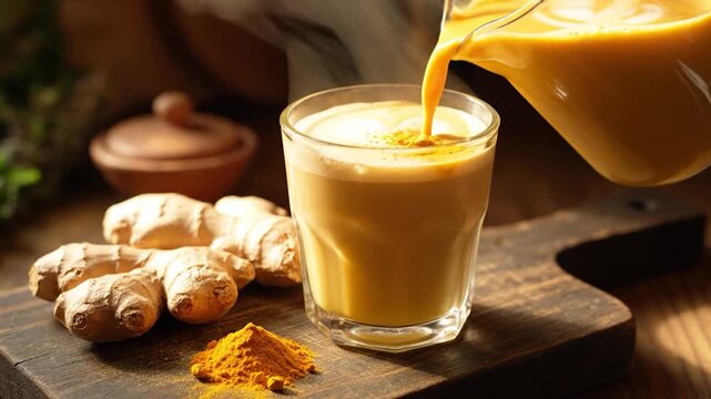 Pouring warm golden milk into a glass, surrounded by natural ingredients