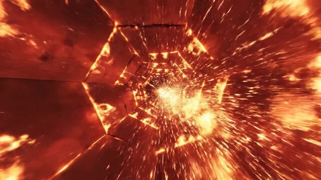 Abstract fiery hexagonal tunnel with glowing sparks and intense heat