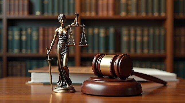 Justice Symbolism: Lady of Justice Statue and Gavel on Desk.