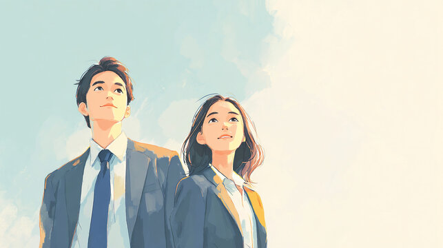 スーツを着て青空を見上げる女性と男性のイラスト（生成AI）	