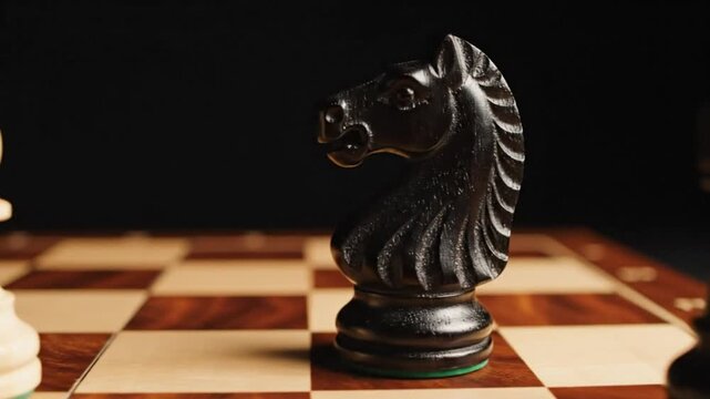 Intimate close up shot of a black knight chess piece looking towards a white pawn on a chessboard