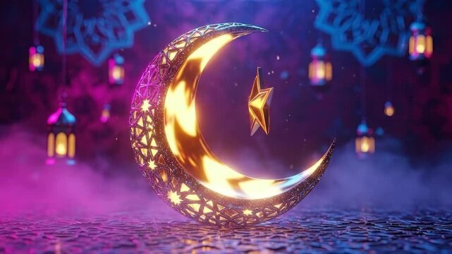 Golden crescent moon and star on a dark background surrounded by lanterns. Islamic symbol for Ramadan, Eid al-Fitr, or religious celebration.