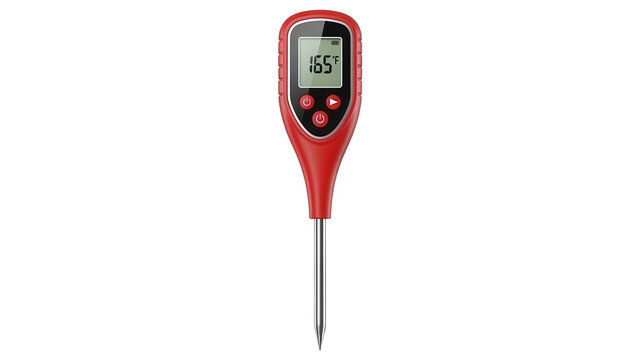 Red digital thermometer showing 165 degrees fahrenheit, cut out, stock png, isolated on transparent background