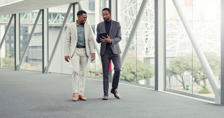 Hallway, walking and men with tablet, talking and criminal attorney with info for case and...