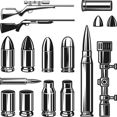 Obraz premium A black and white vector collection featuring scoped rifles, shotguns, and various bullet types, casings, and optical sights. A high-contrast technical weapon set.