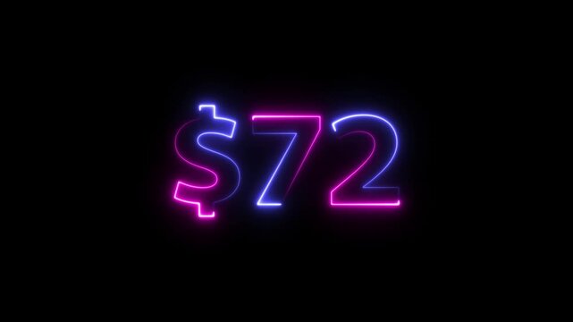 Neon dollar sign 72 number on black background.