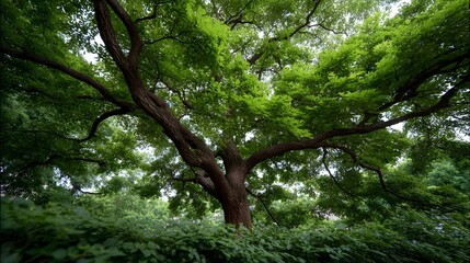 Fototapeta premium A majestic tree viewed from below its strong textured trunk supporting a sprawling canopy of lush vibrant green foliage in a serene natural