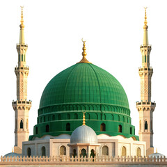 Obraz premium Masjid Nabawi Green Dome with Minarets on Black Background – Islamic Holy Mosque Architecture, ramadan mubarak, eid mubarak, id milad un nabi
