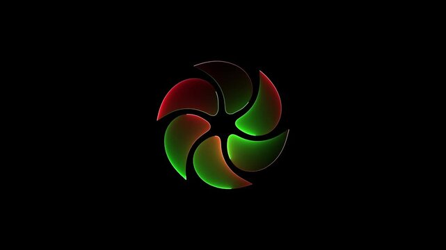 Neon abstract swirling vortex logo with red and green gradient colors animation on a black background