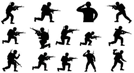 Obraz premium Soldier silhouettes set, military action poses