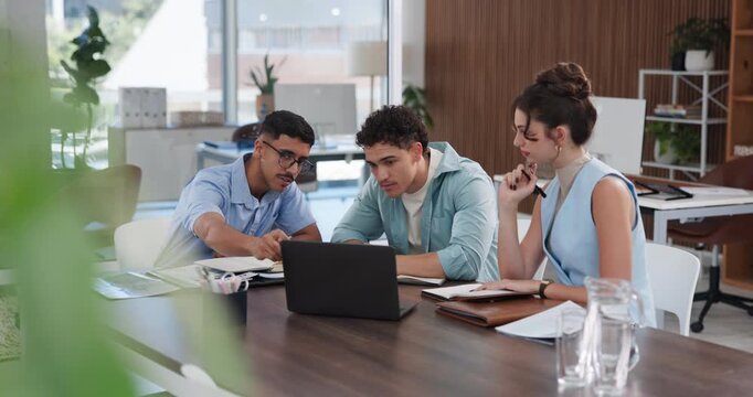 Laptop, media agency and business people in meeting, ideas for news report and internet. Planning, coworking or journalist with pc, creativity or email for publishing schedule or feedback for article