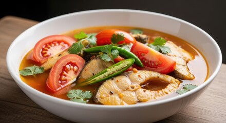 Bowl of fish curry with tomatoes and herbs white bowl food