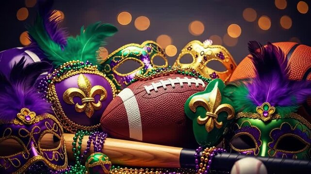 Mardi Gras celebration items including purple and green masks, beads, and various sports balls on a dark background.