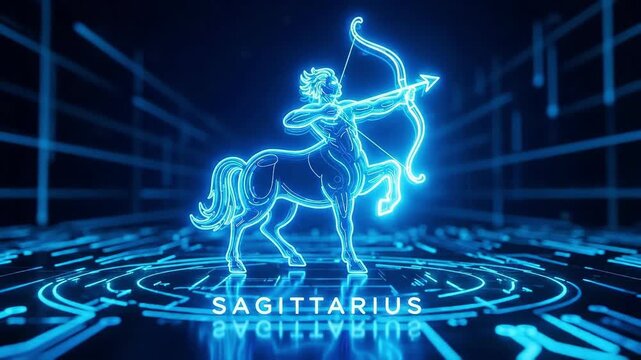 Neon Sagittarius zodiac sign glowing on dark background. Horoscope and astrology concept with illuminated centaur archer symbol for poster.