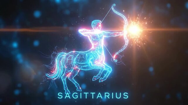 Digital Sagittarius zodiac sign as a glowing neon centaur with a bow and arrow. Astrological horoscope symbol for personal or commercial use.