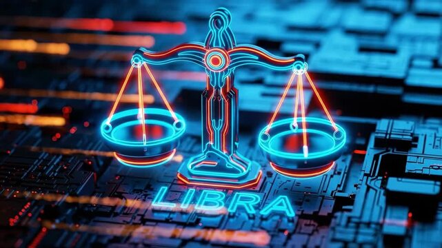 Neon libra zodiac sign on a circuit board background. Astrology concept for horoscope and future technology. Digital representation of balance and justice.