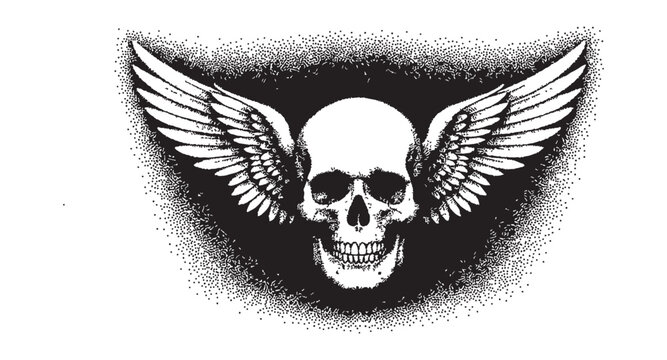 Human skull with large outstretched feathered wings in a gothic heraldic vintage woodcut engraving style.