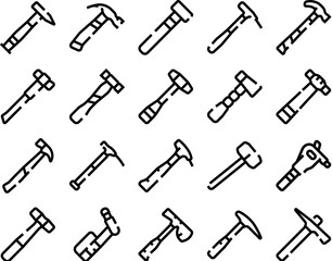 Fototapeta premium Different types of hammers and mallets in clean line art, vector set for construction, carpentry, repair and diy, isolated icons on white background for web and print use