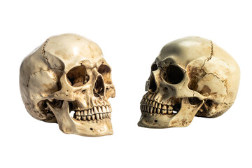 Two human skulls facing each other on a black background