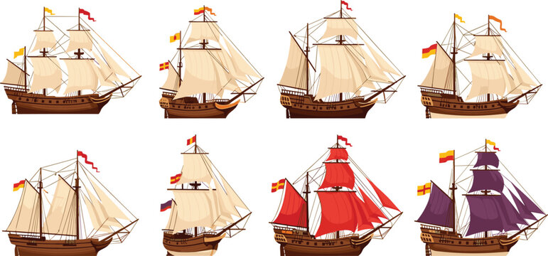 Collection of vintage wooden sailing ships with masts flags and sails on white background cad drawing flat vector illustration.