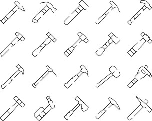 Naklejka premium Various hammers and mallets arranged on white background, line art icons showing sledge, claw, and rubber mallet for construction, carpentry, repair, demolition and workshop use