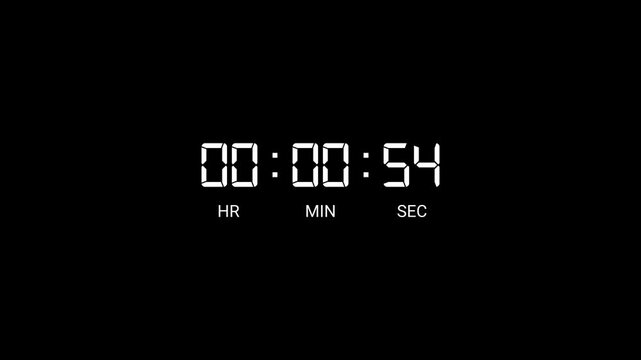 one minute countdown animation, one minute countdown timer video from 60 to 0 second on transparent background,1 minute timer counts hours minutes seconds in 60 seconds in 4k with alpha channel