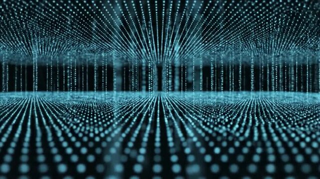 An abstract image of light dots arranged in vertical and horizontal lines, in shades of blue