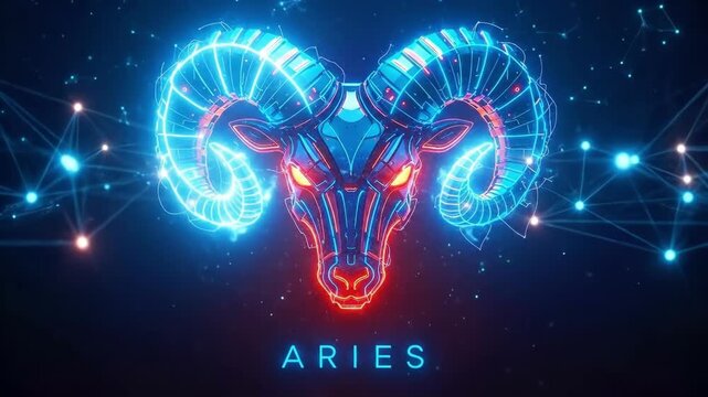 Aries zodiac sign featuring an aggressive ram in glowing neon light style. Astrological horoscope symbol for mystical prediction.