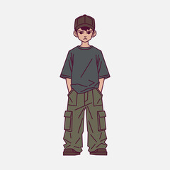 Cool grumpy streetwear boy in oversized t-shirt and cargo pants illustration