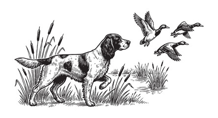 Pointer hunting dog in tall grass watching a flock of wild ducks taking flight vintage rural engraving style. © trianatio