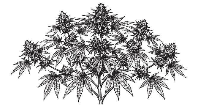 Mature cannabis sativa plant with large budding flowers and serrated leaves vintage botanical engraving style.
