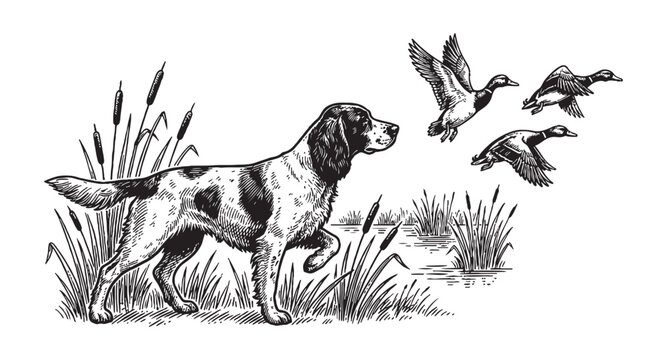 Pointer hunting dog in tall grass watching a flock of wild ducks taking flight vintage rural engraving style.