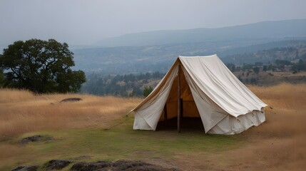 A canvas tent stands pitched on a grassy hill overlooking a distant hazy mountain landscape