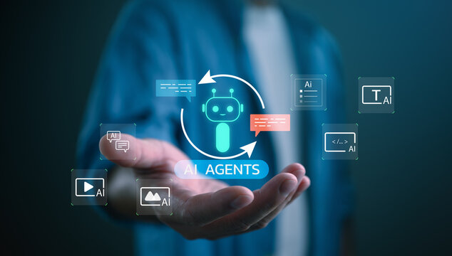 Multi AI agents concept with virtual chatbot icons and automation workflow, representing intelligent systems collaboration, generative artificial intelligence and digital business transformation.