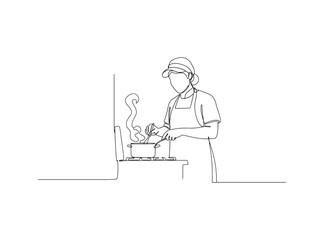 Fototapeta premium Cute Woman Cooking Boiling Stew in Kitchen Artwork