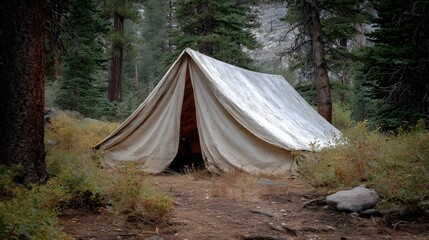A weathered canvas tent stands in a serene forest clearing offering a rustic shelter for outdoor adventure