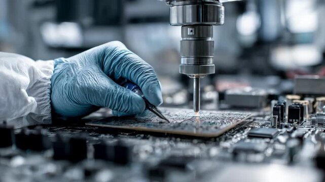 Operator uses precision equipment to add antidust nanocoating on circuit board surface in lab setting
