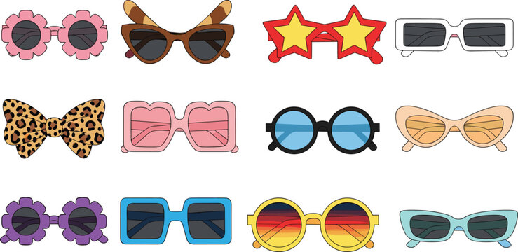Set of trendy colorful sunglasses with various fun shapes like stars flowers and hearts cad drawing flat vector illustration.