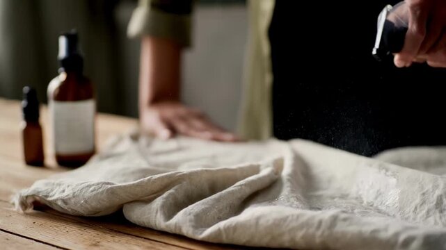 Medium shot of hands gently spraying natural wrinklerelease solution onto soft linen fabric laid flat on a wooden table