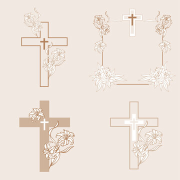 Cross with white lillies. Christian Symbol.  Easter christian motive . Resurrection. Perfect for Easter, Baptism, and Christening Announcements. Flower Cross isolated on White. Vector illustration