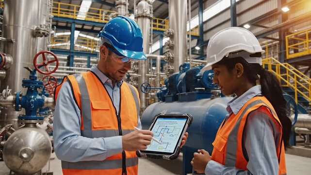 Two engineers, wearing safety gear, discuss a schematic on a tablet in an industrial facility