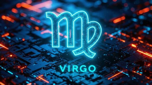 Blue glow virgo zodiac sign and word on digital circuit board background. Astrology concept with horoscope symbol in futuristic style.