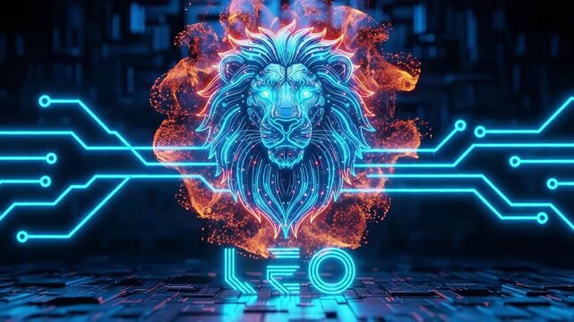Leo zodiac sign and constellation in neon cyber style. Astrology horoscope symbol for digital art and graphic design.