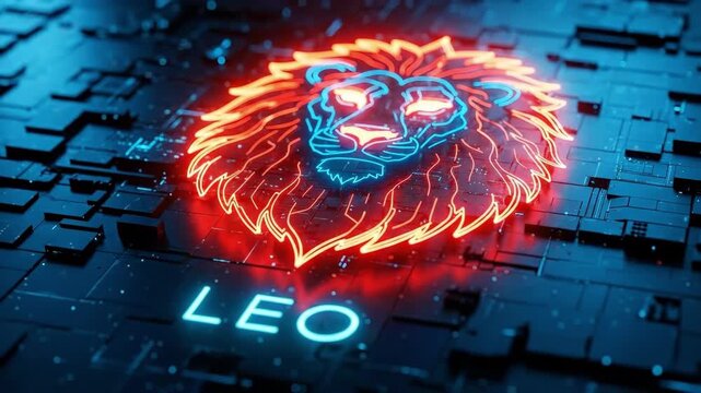 Neon glowing Leo zodiac sign on circuit board. Horoscope astrology symbol with cyber technology concept. Digital background for star sign.